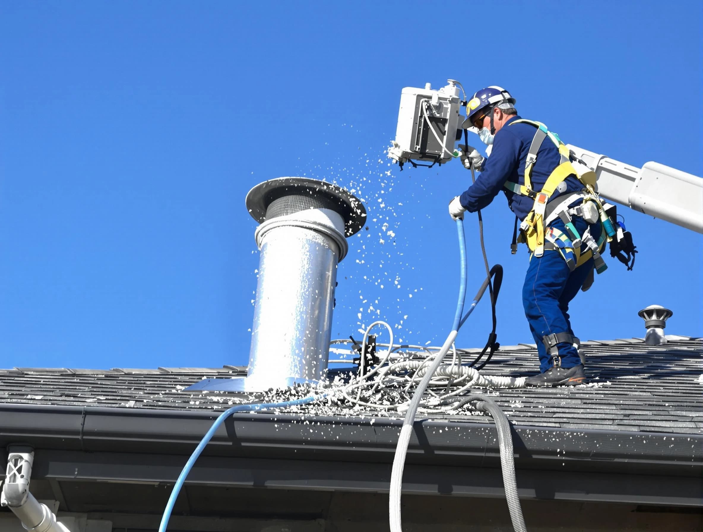 North Andover Dryer Vent Cleaning certified technician safely cleaning a roof-mounted dryer vent in North Andover