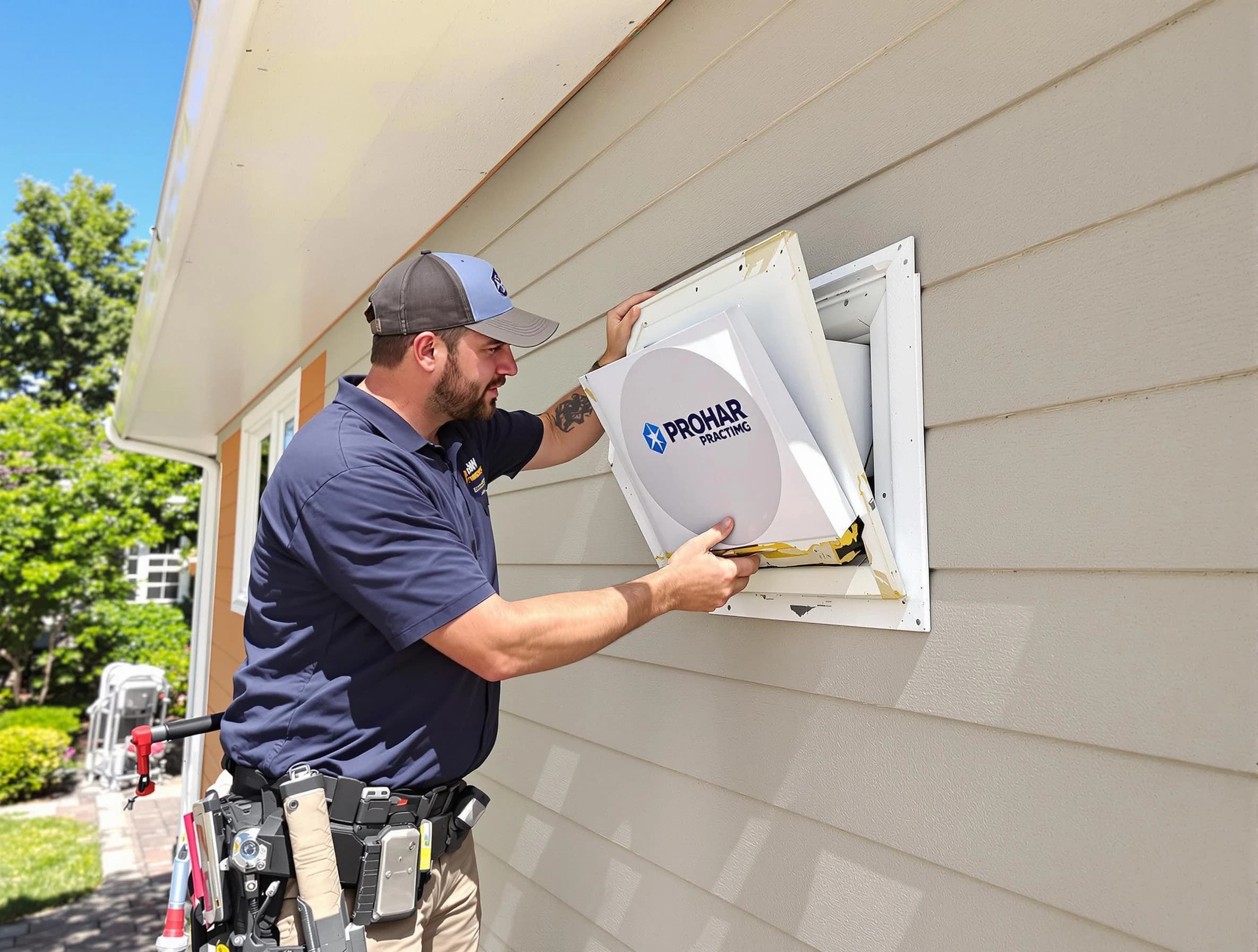 North Andover Dryer Vent Cleaning technician installing a new protective dryer vent cover on a home in North Andover