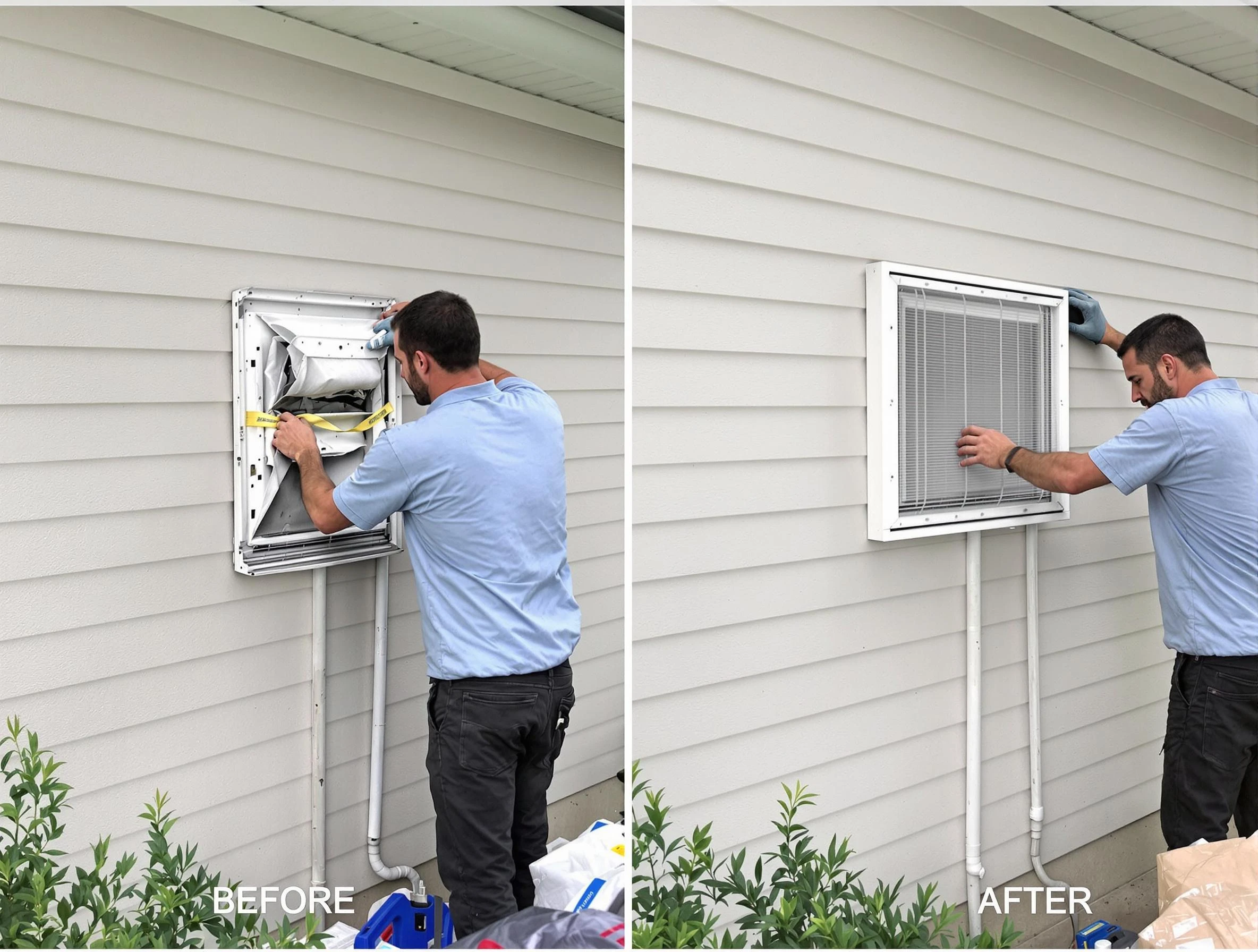 North Andover Dryer Vent Cleaning technician installing high-quality dryer vent cover at a residential property in North Andover